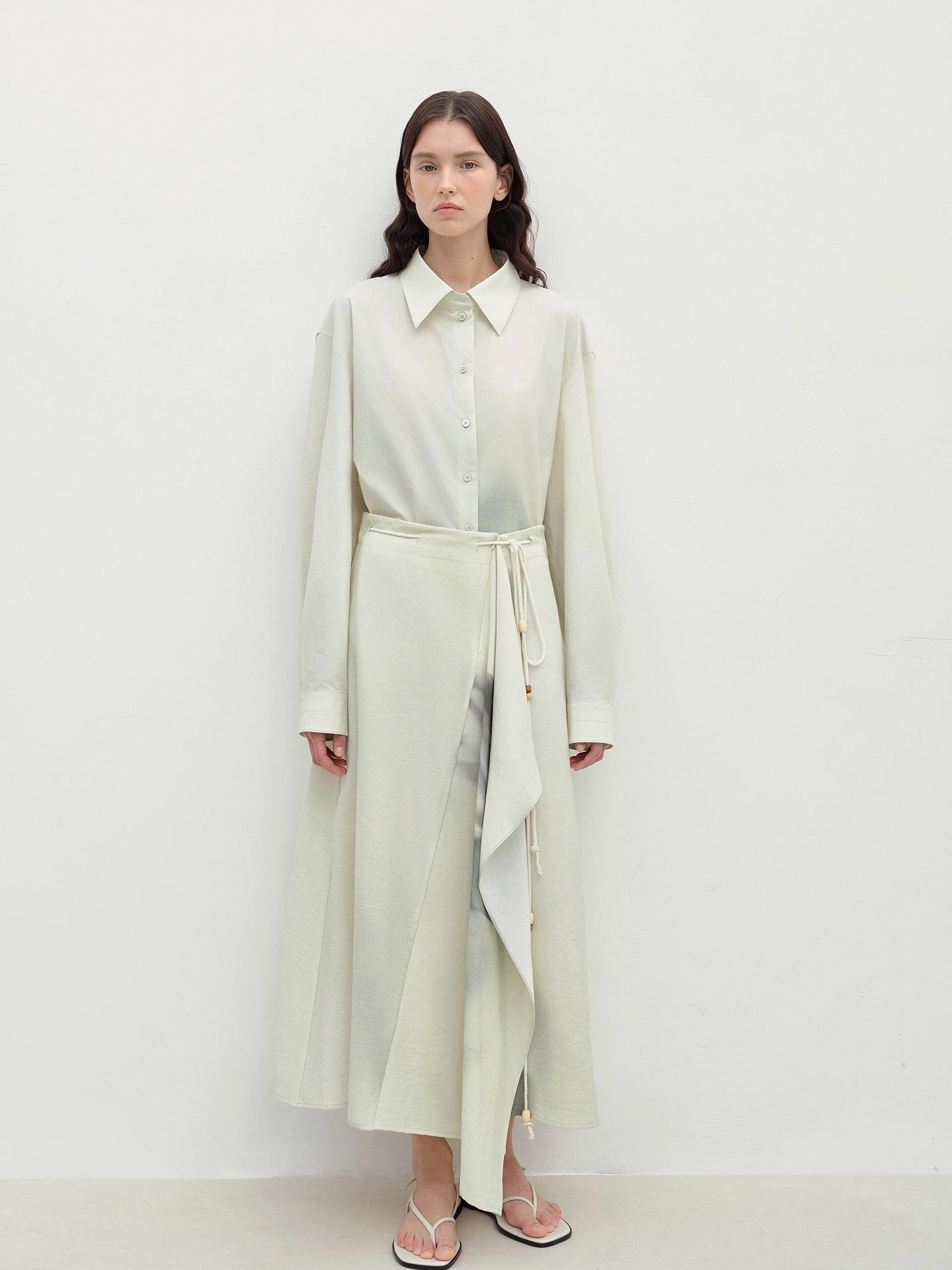 "Green Time" lapel side slit two - wear cotton printed shirt - variant_title