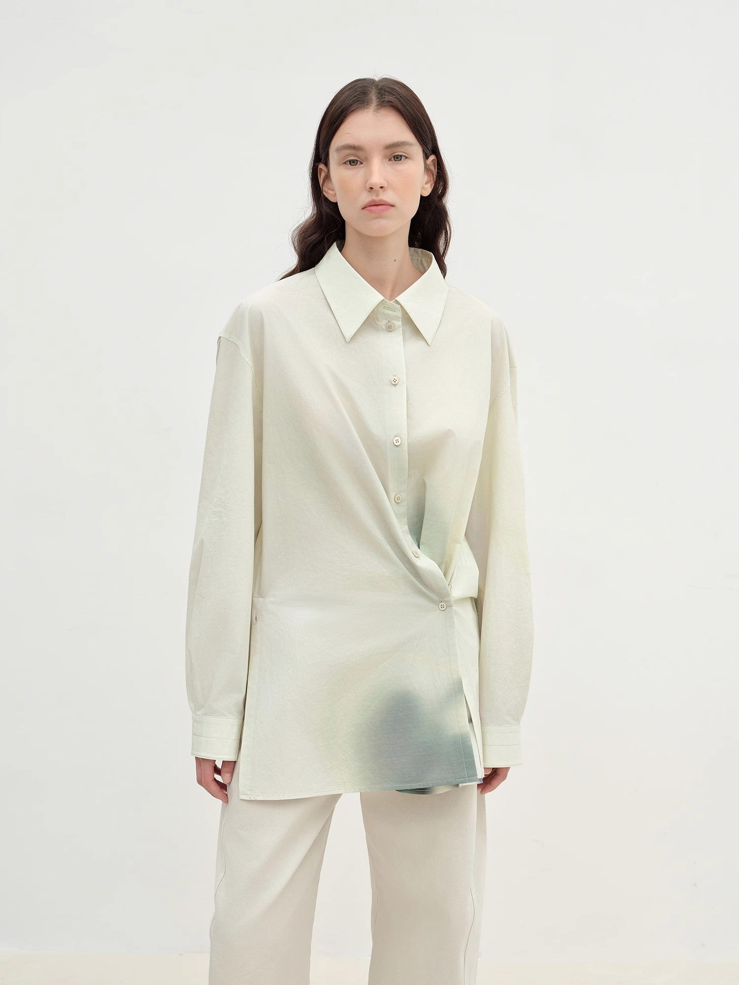 "Green Time" lapel side slit two - wear cotton printed shirt - variant_title