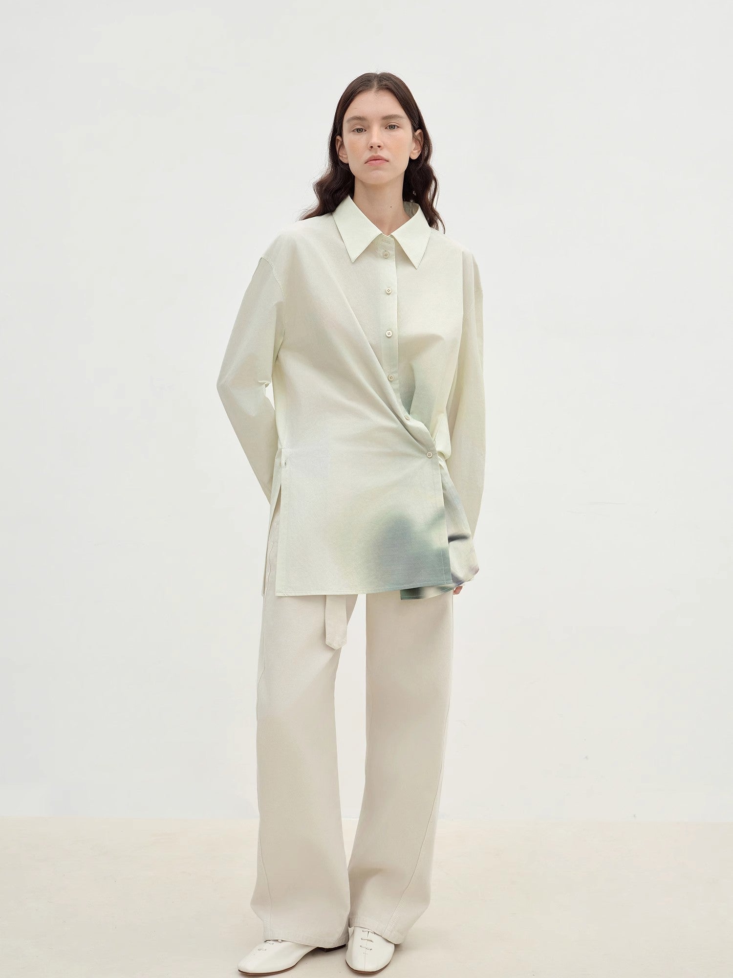 "Green Time" lapel side slit two - wear cotton printed shirt - variant_title