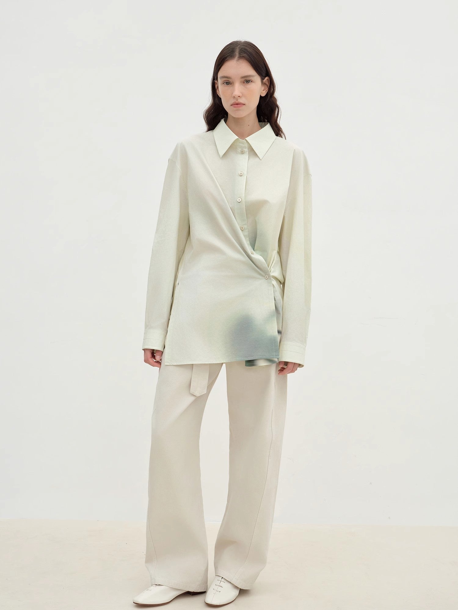 "Green Time" lapel side slit two - wear cotton printed shirt - variant_title