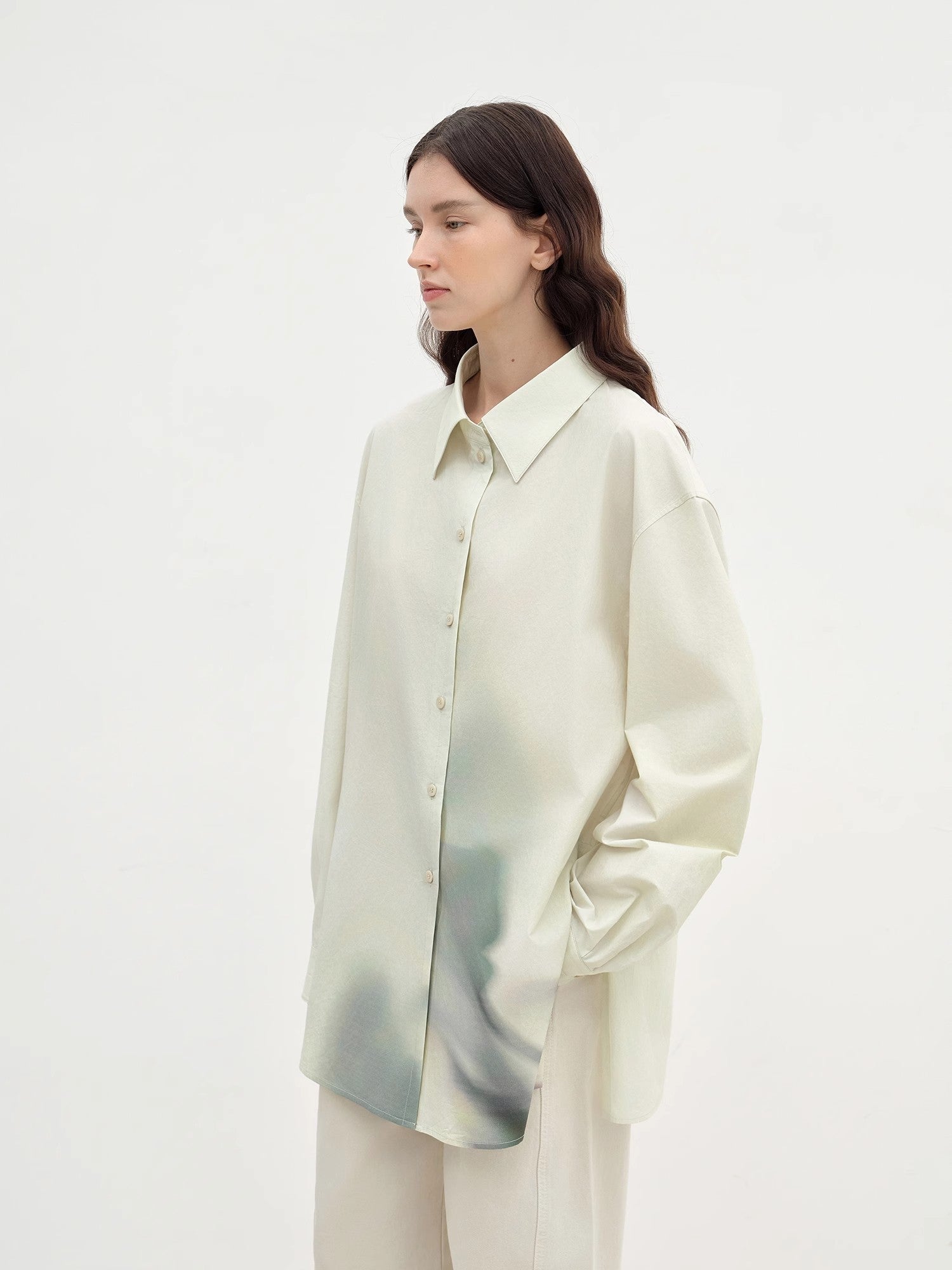"Green Time" lapel side slit two - wear cotton printed shirt - variant_title