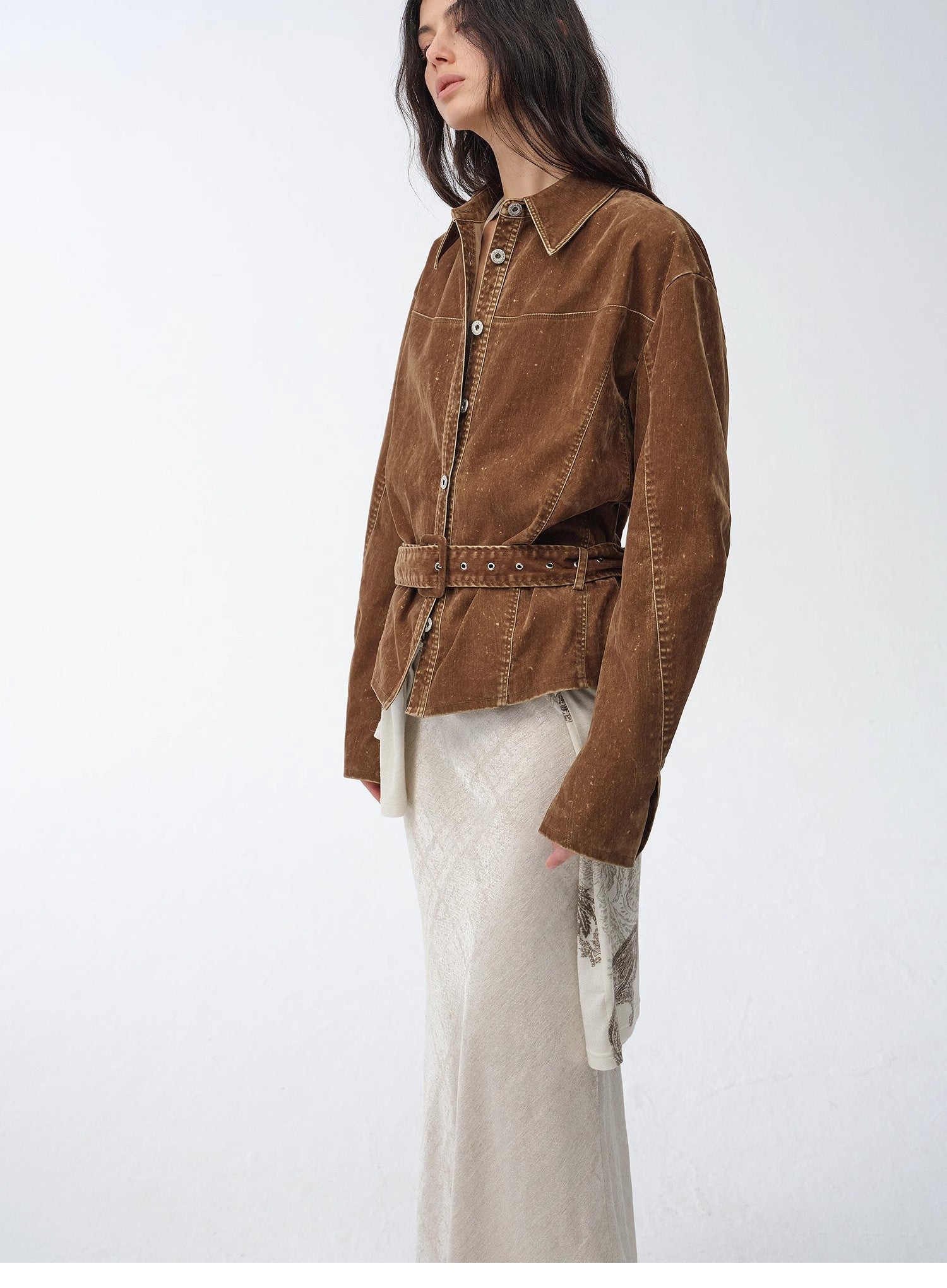 "Haruno Dream" retro distressed flocked denim low waistband long sleeve shirt women's jacket - variant_title
