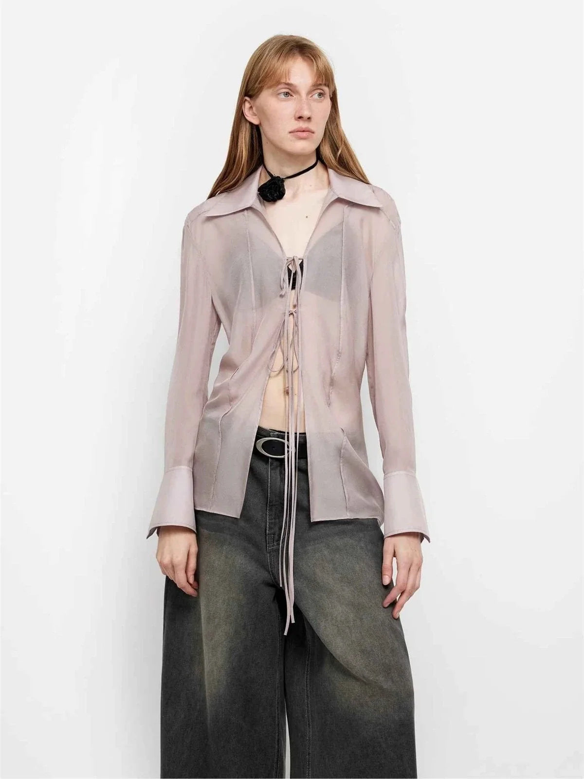 "Hazy Moonlight" light purple silk chiffon shirt front styling