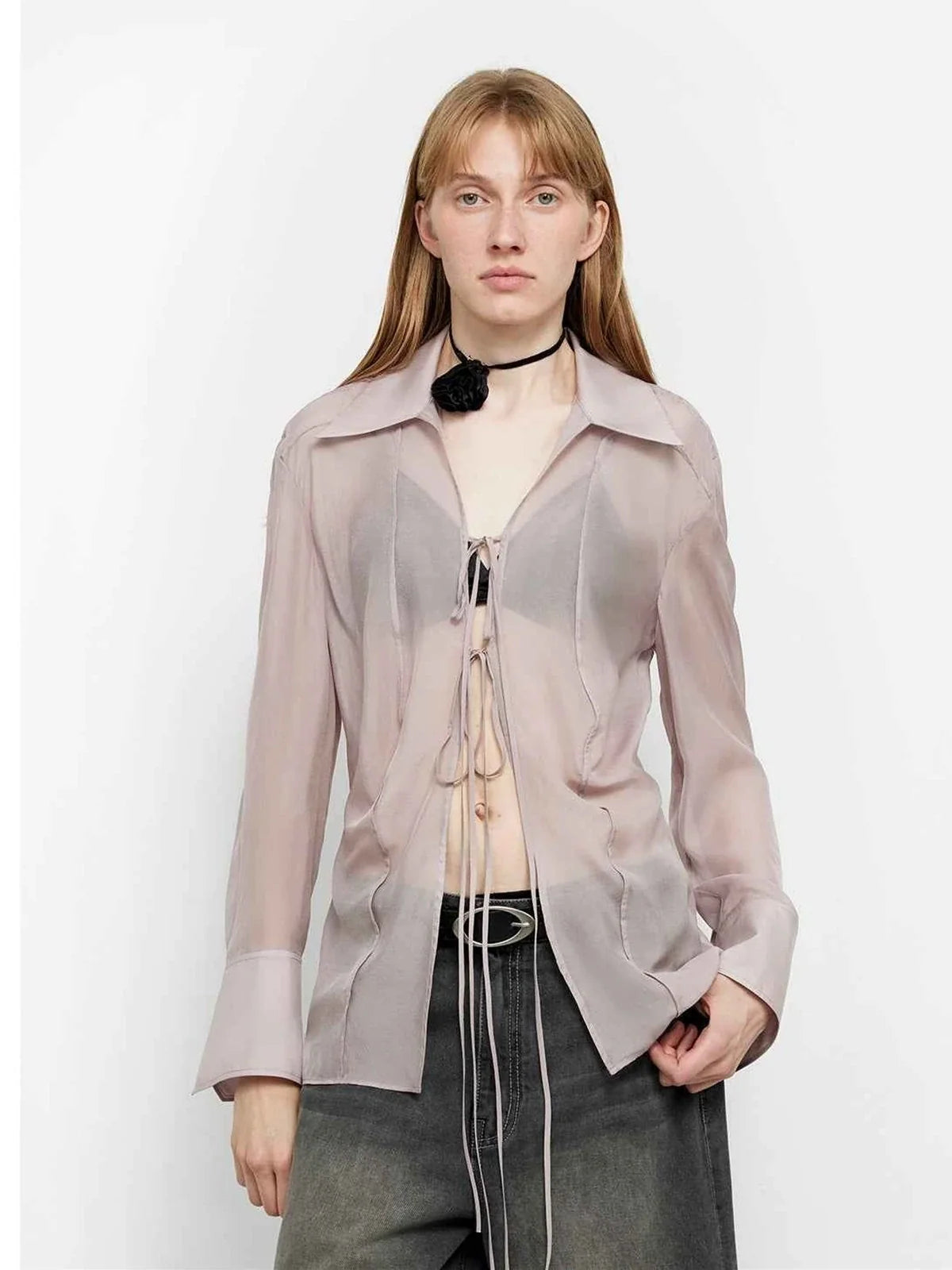 "Hazy Moonlight" light purple silk chiffon shirt front detail