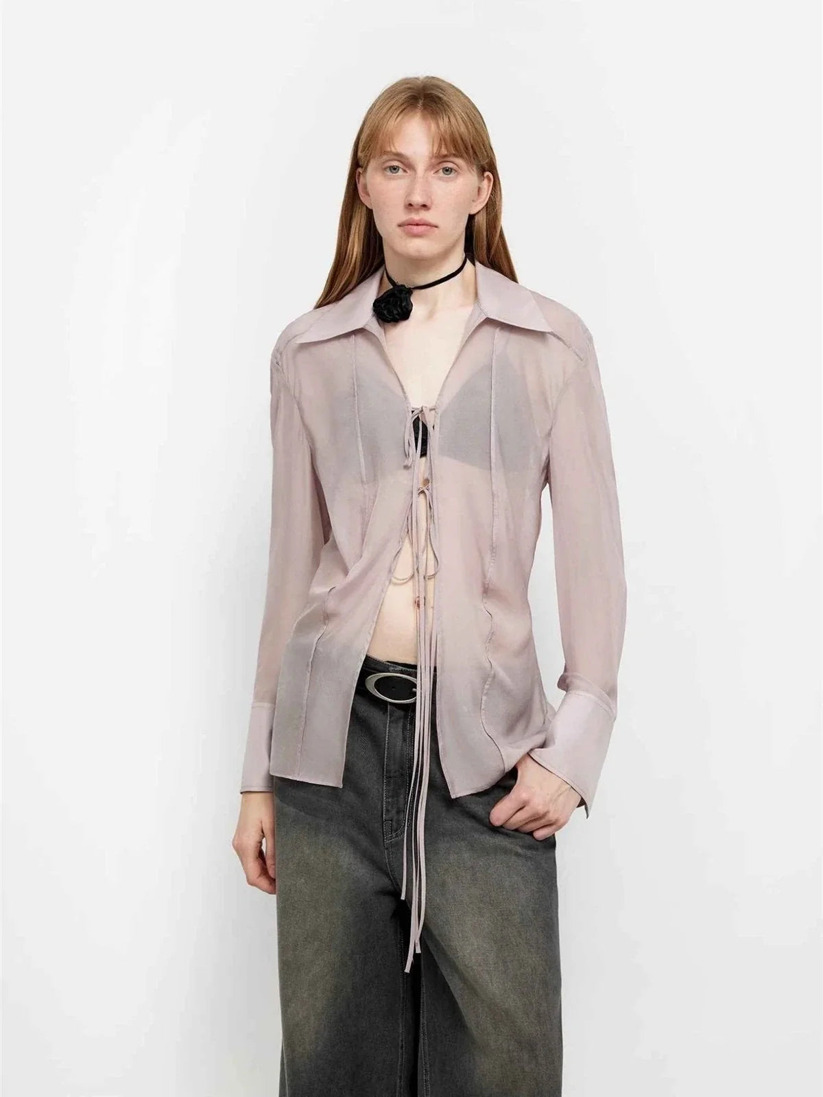 "Hazy Moonlight" light purple silk chiffon shirt straight front