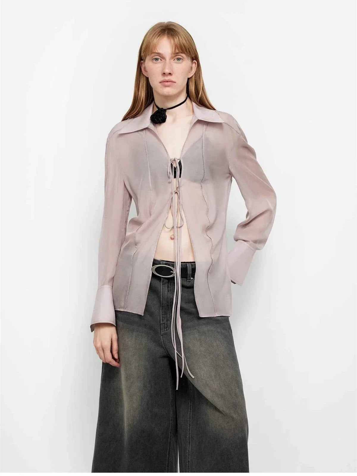 "Hazy Moonlight" light purple silk chiffon shirt worn front