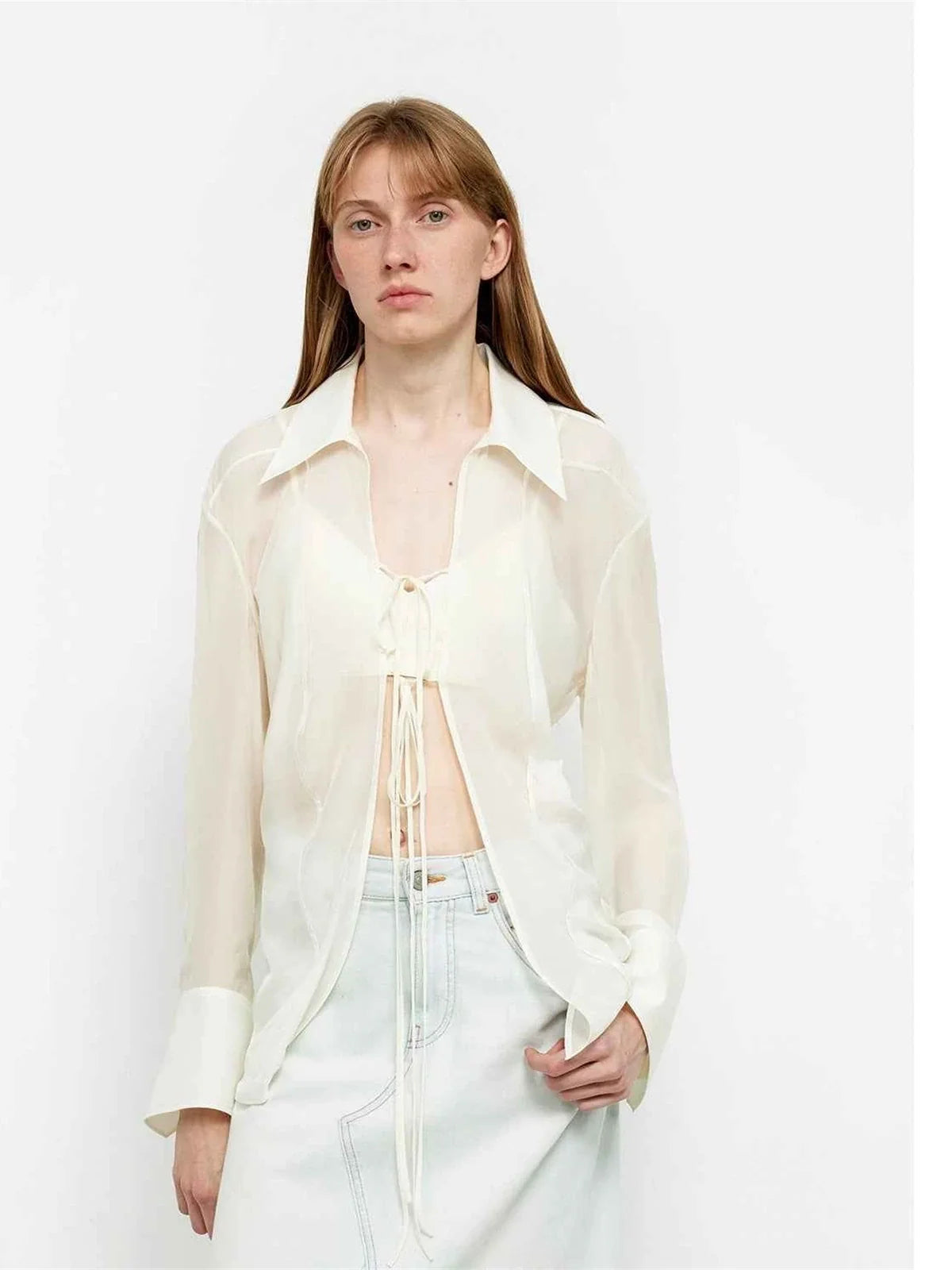"Hazy Moonlight" off-white silk chiffon shirt front detail