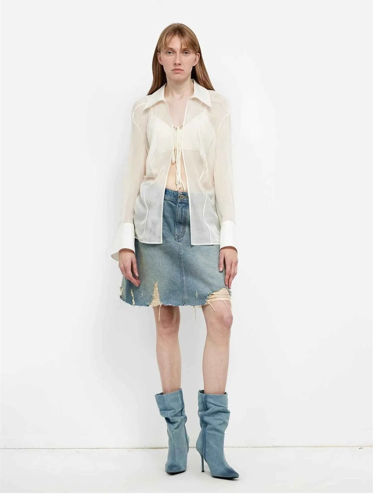"Hazy Moonlight" off-white silk chiffon shirt full front