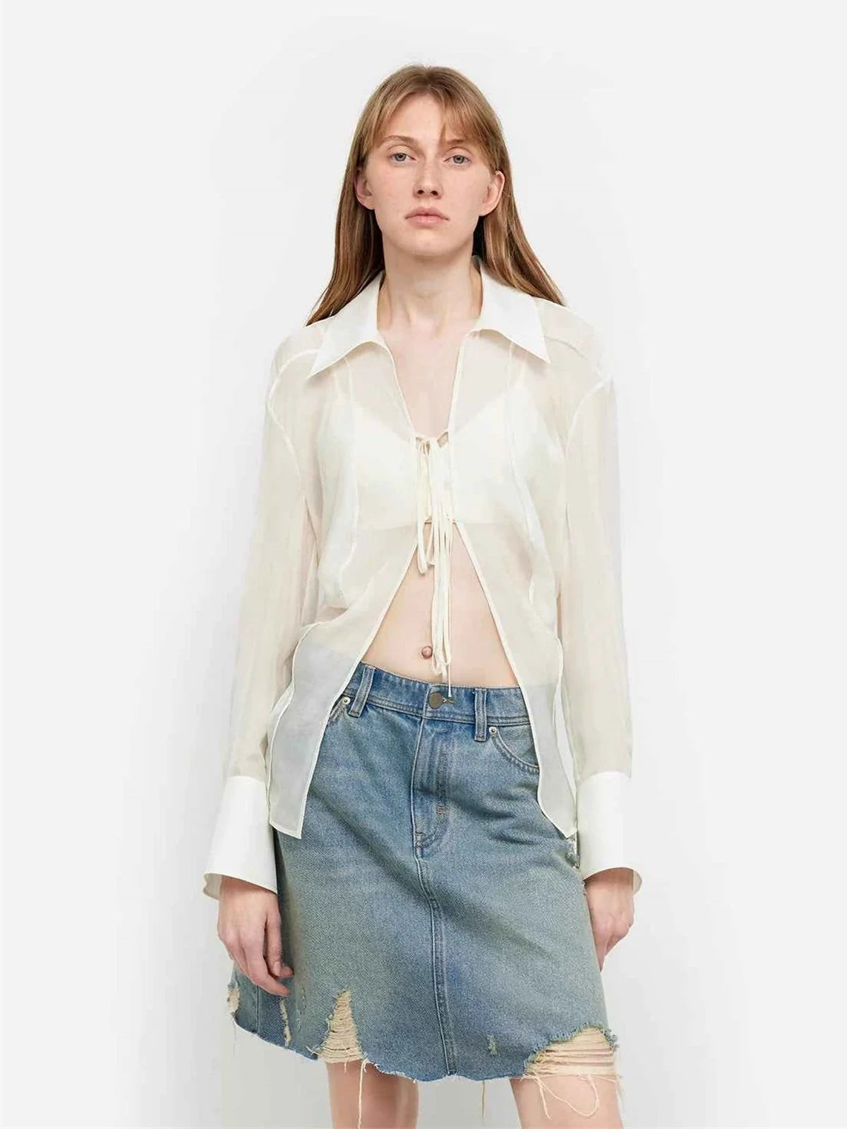 "Hazy Moonlight" off-white silk chiffon shirt worn front