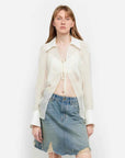 "Hazy Moonlight" off-white silk chiffon shirt worn front