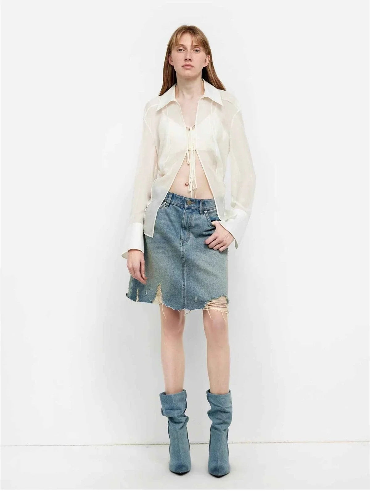 "Hazy Moonlight" off-white silk chiffon shirt full-body styling