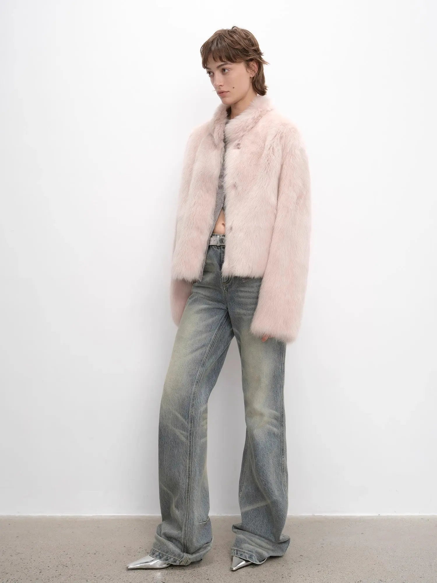 Healing Eros dirty pink Toscana shearling coat, full-length styling view