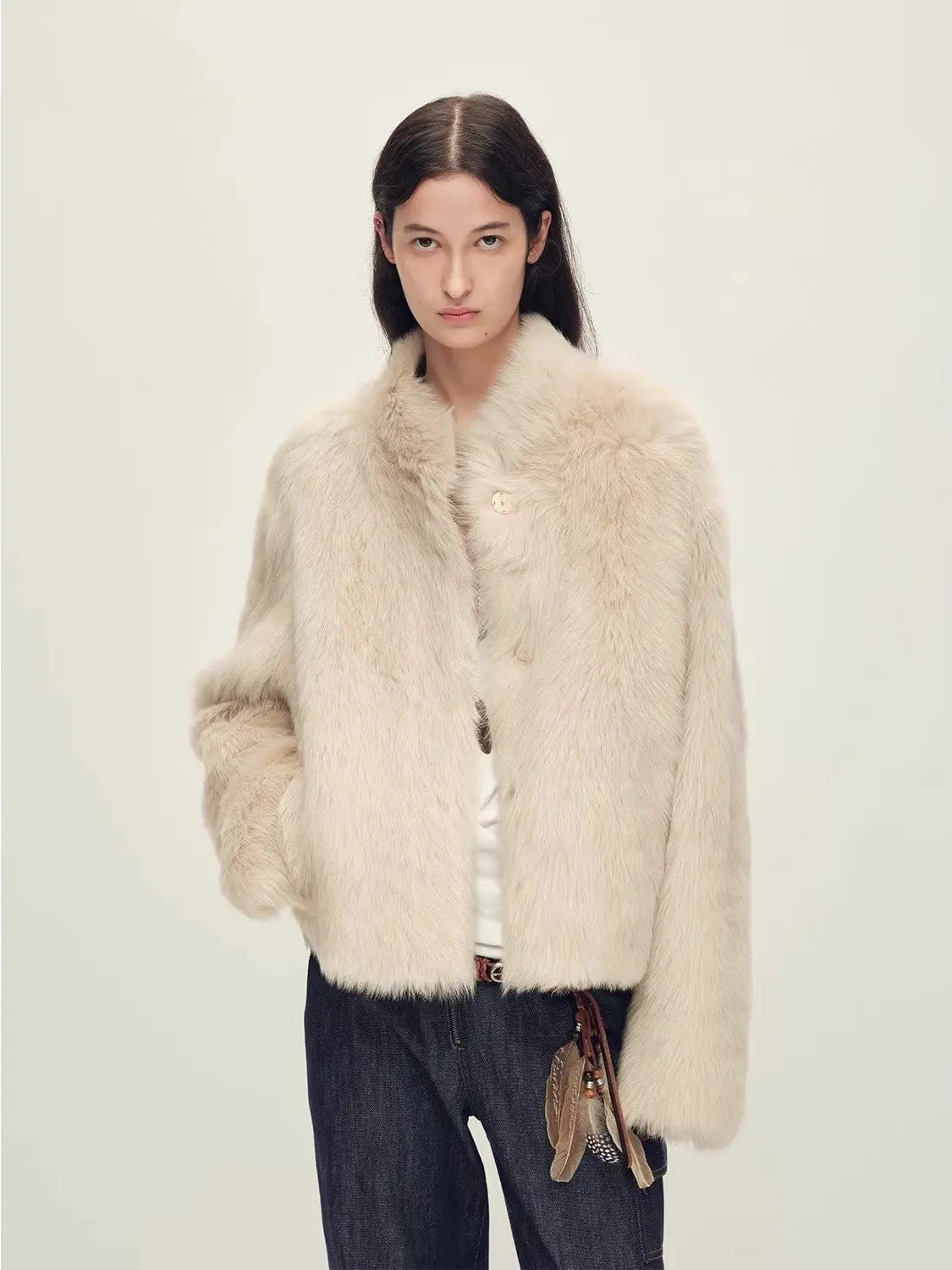 Woman wearing the Healing Eros wheat field Toscana shearling coat, front view