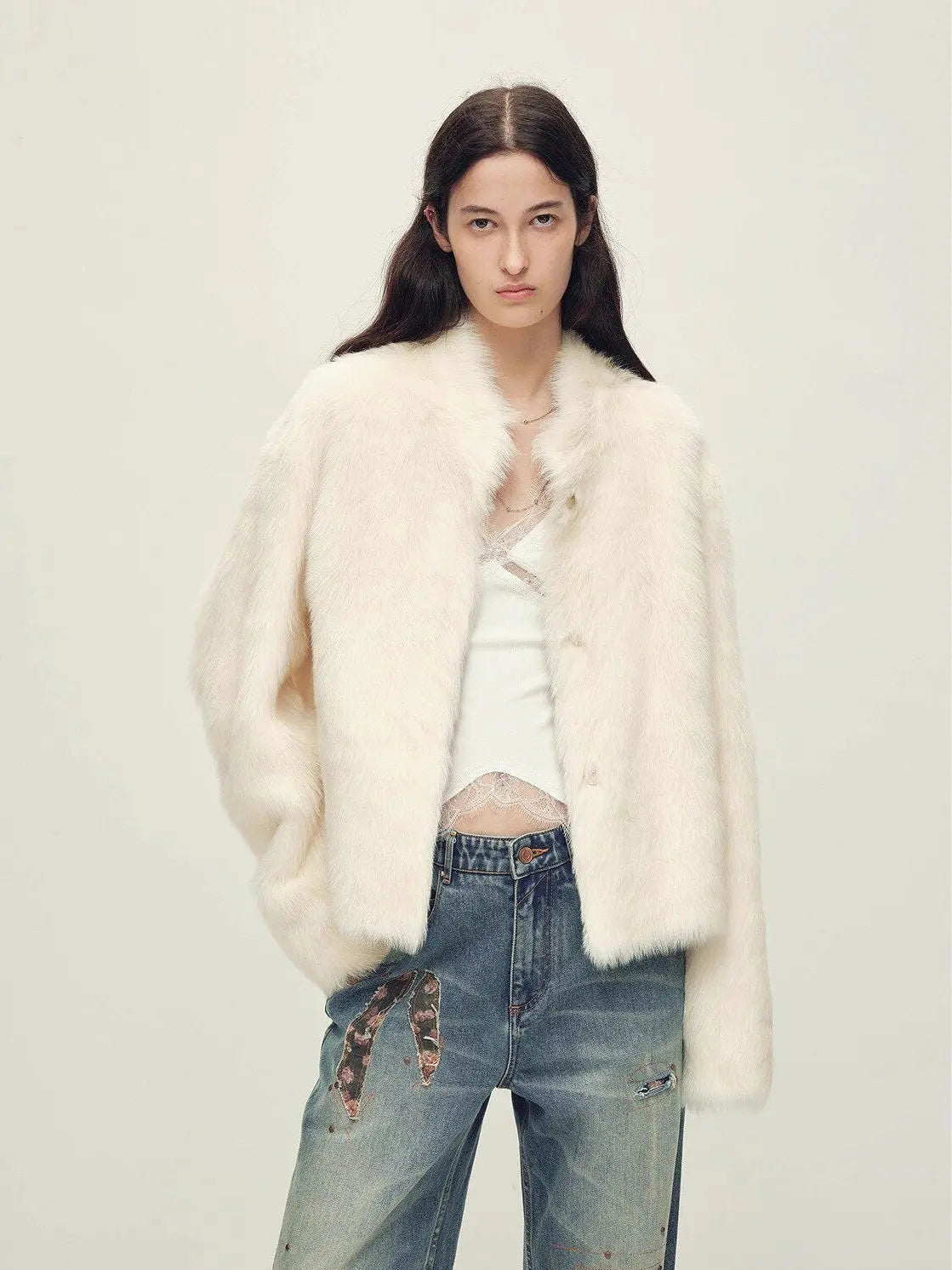 Healing Eros white short Toscana shearling coat, relaxed front view