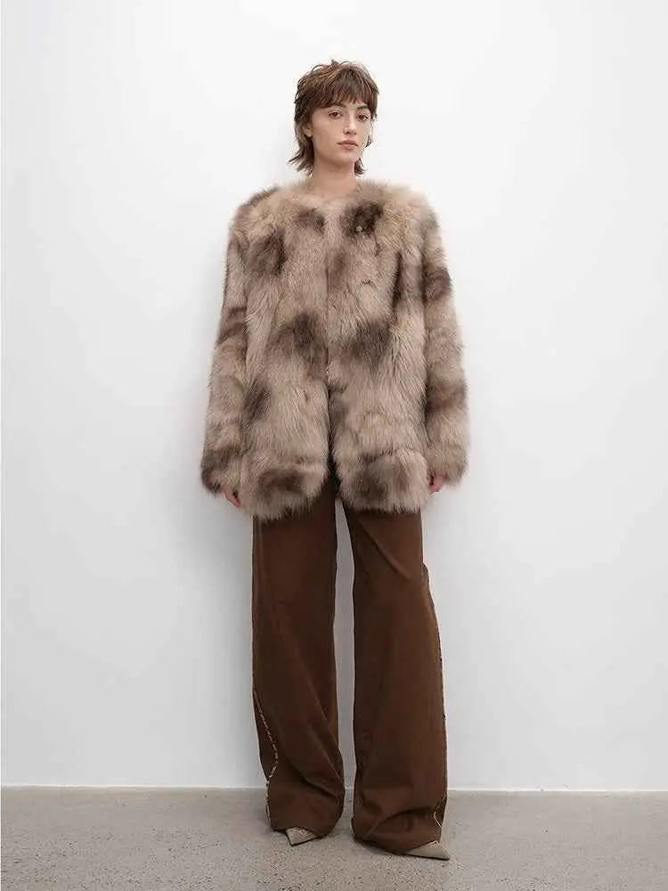 Heartbeat Caramel fox fur coat styled on model, full-length view