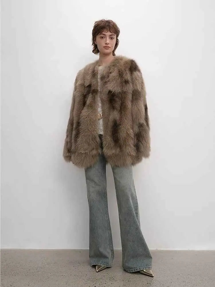Heartbeat Caramel SagaFurs fox fur coat on model, relaxed front view