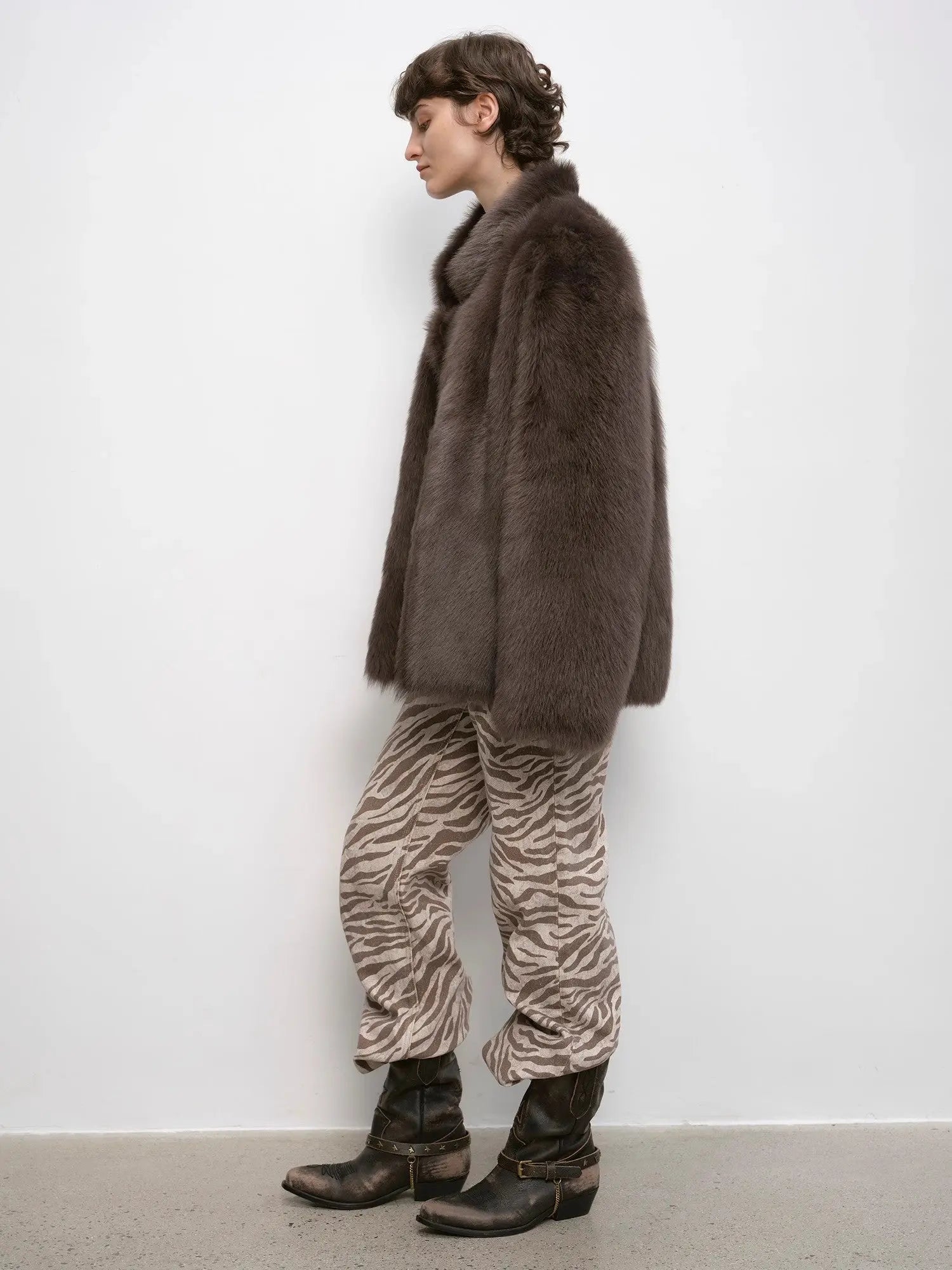 Heartbeat Mark dark brown Toscana shearling coat, three-quarter full-length view