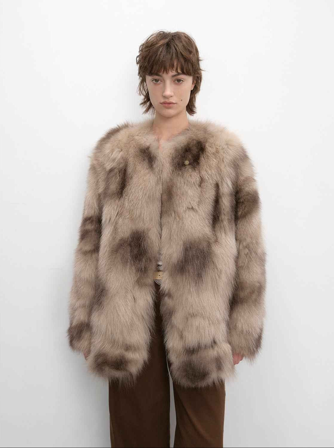 Heartbeat private collection Casual casual sense of chicken heart collar two - color printing craft disc buckle fox fur coat - variant_title