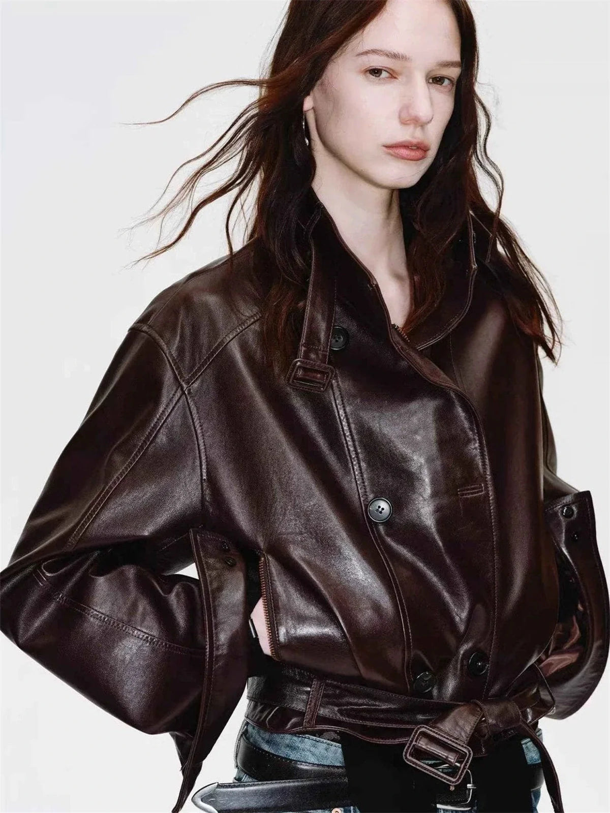 Firelady Fur Women's Waxed Sheepskin Biker Double-Breasted Funnel Neck leather jacket - Belted Heartbeat Radio