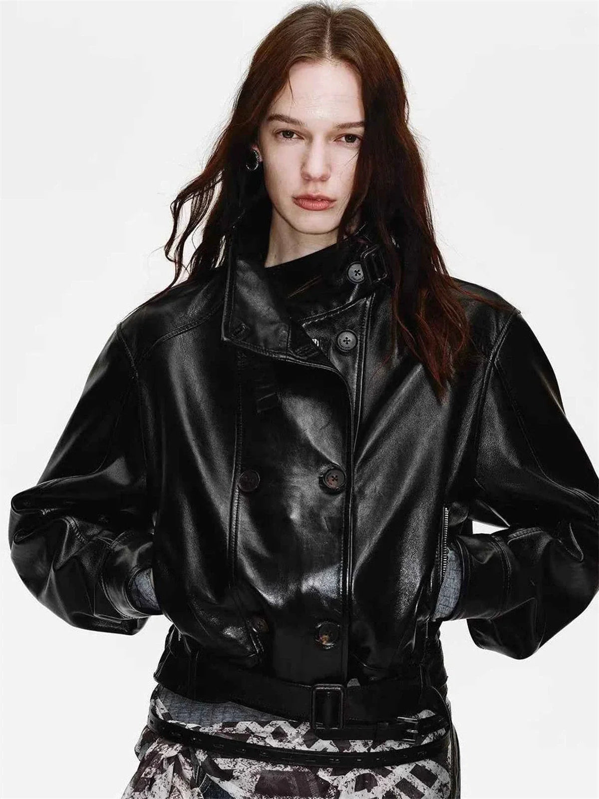 Firelady Fur Women's Waxed Sheepskin Biker Double-Breasted Funnel Neck leather jacket - Belted Heartbeat Radio
