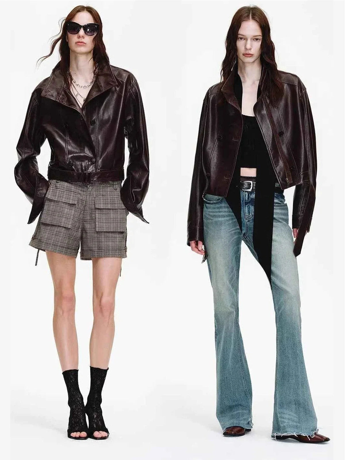 Firelady Fur Women's Waxed Sheepskin Biker Double-Breasted Funnel Neck leather jacket - Belted Heartbeat Radio