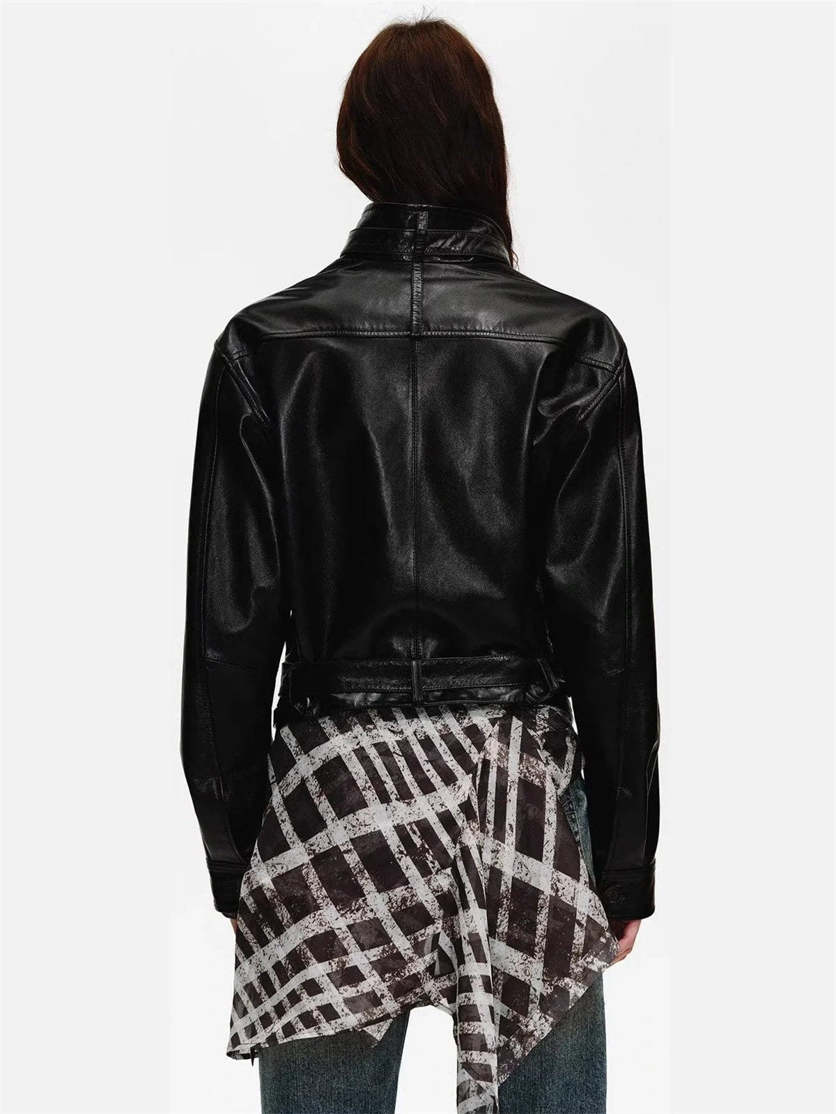 Firelady Fur Women's Waxed Sheepskin Biker Double-Breasted Funnel Neck leather jacket - Belted Heartbeat Radio