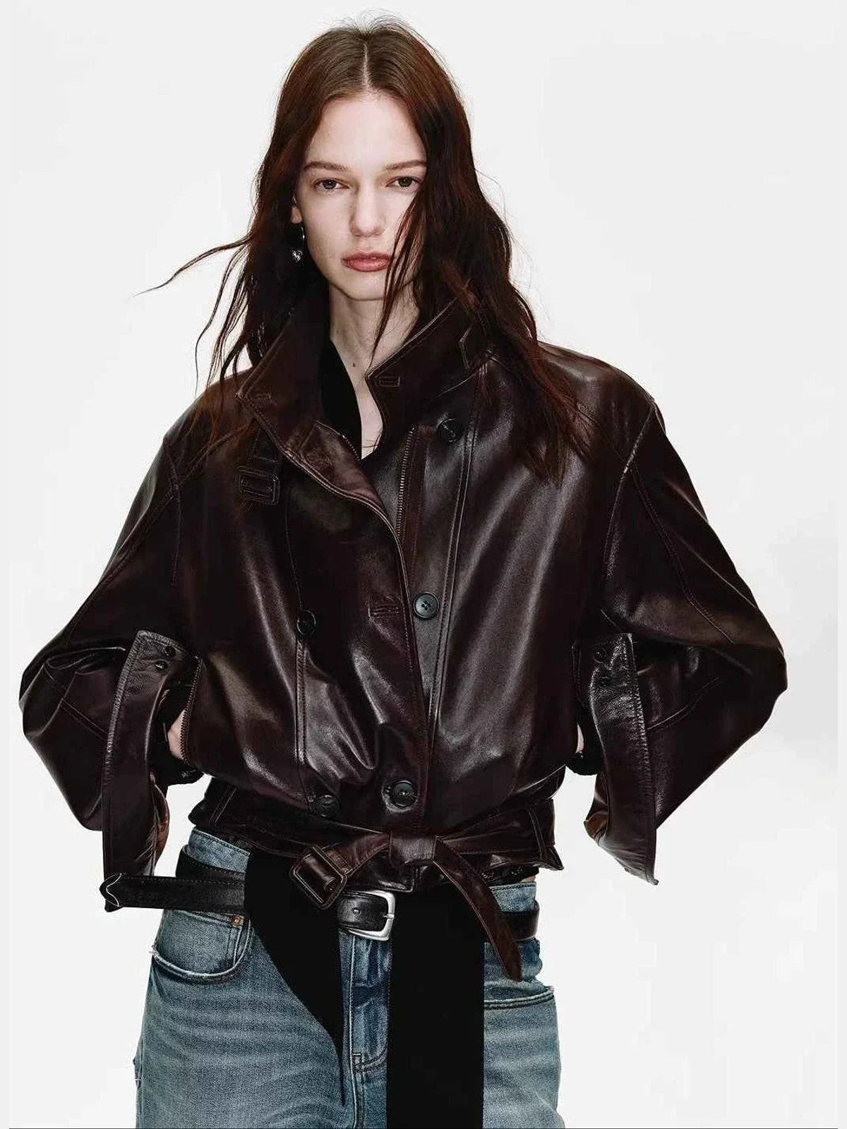 Firelady Fur Women's Waxed Sheepskin Biker Double-Breasted Funnel Neck leather jacket - Belted Heartbeat Radio