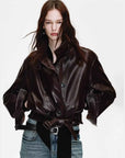Firelady Fur Women's Waxed Sheepskin Biker Double-Breasted Funnel Neck leather jacket - Belted Heartbeat Radio