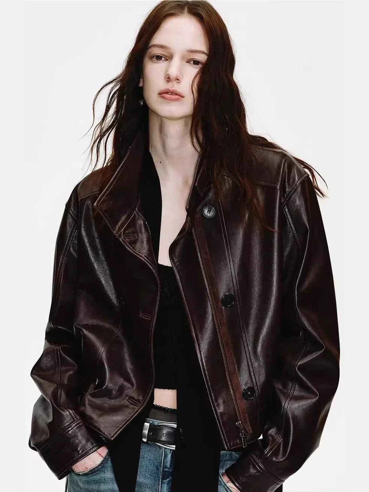 Firelady Fur Women's Waxed Sheepskin Biker Double-Breasted Funnel Neck leather jacket - Belted Heartbeat Radio