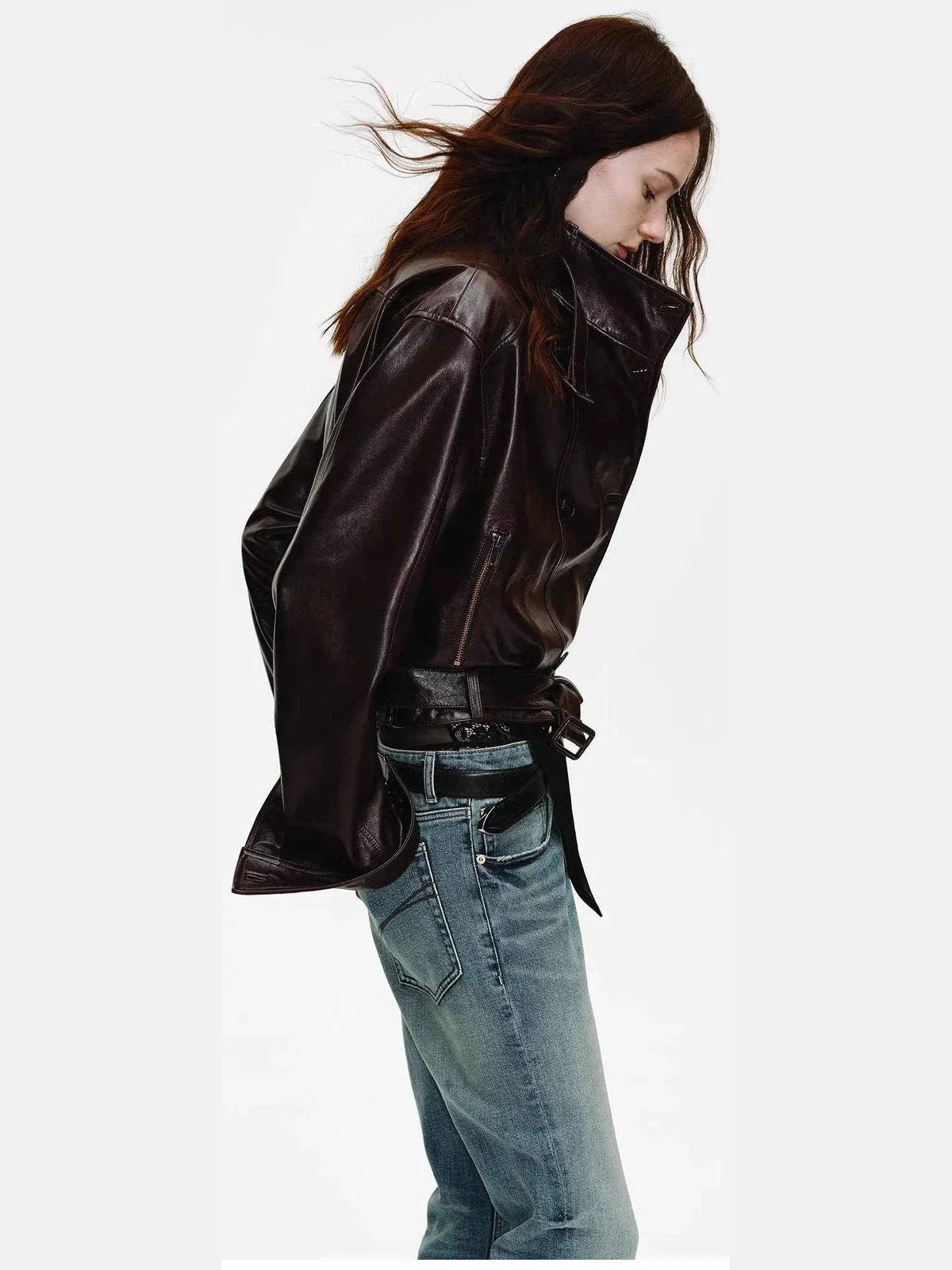 Firelady Fur Women's Waxed Sheepskin Biker Double-Breasted Funnel Neck leather jacket - Belted Heartbeat Radio