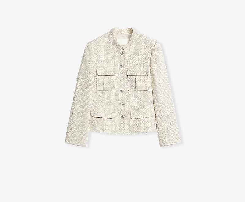 Heavy wool blend tweed stand collar waist cropped coat - variant_title