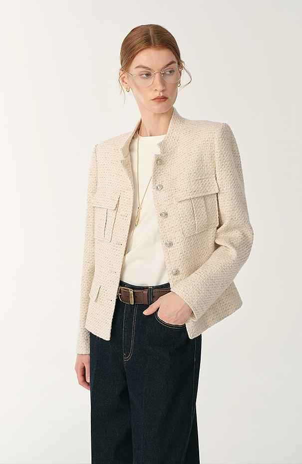 Heavy wool blend tweed stand collar waist cropped coat - variant_title