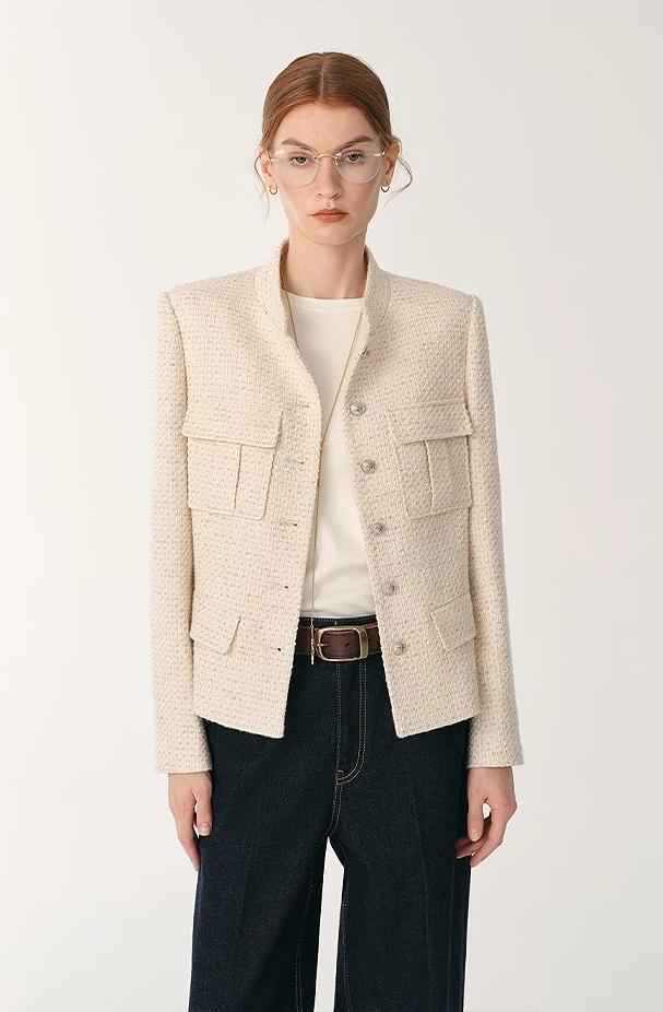 Heavy wool blend tweed stand collar waist cropped coat - variant_title