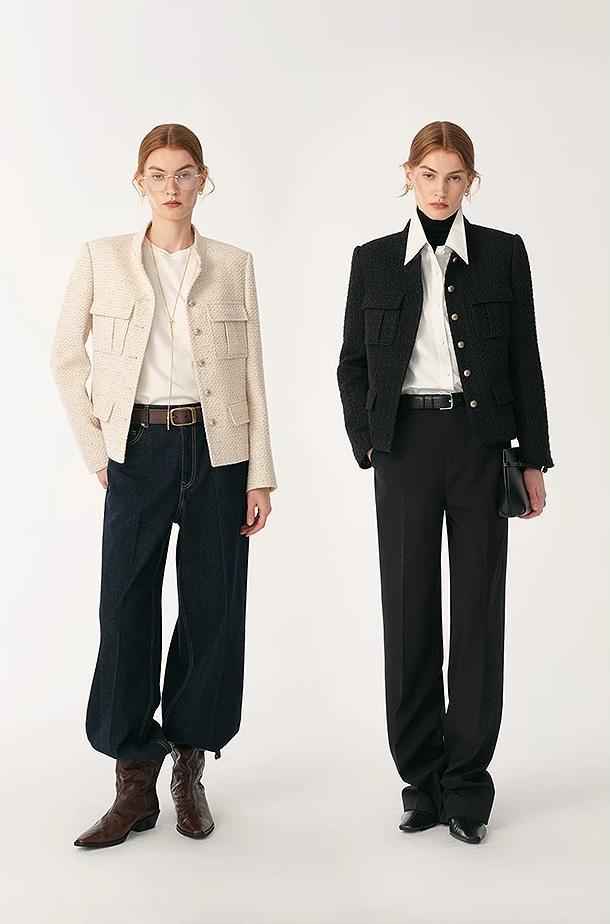 Heavy wool blend tweed stand collar waist cropped coat - variant_title