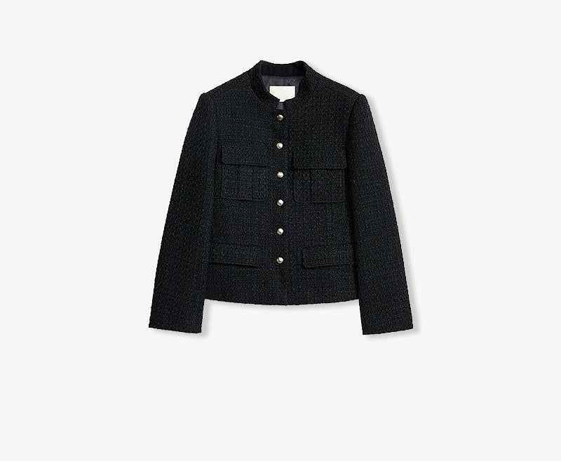 Heavy wool blend tweed stand collar waist cropped coat - variant_title