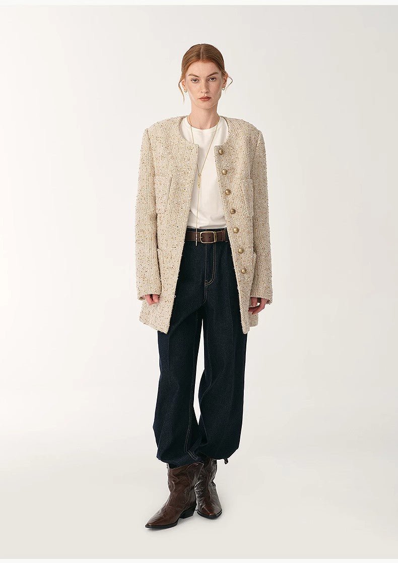 Heavy wool tweed high - end exquisite round neck patch pocket slim Chanel jacket for women - variant_title