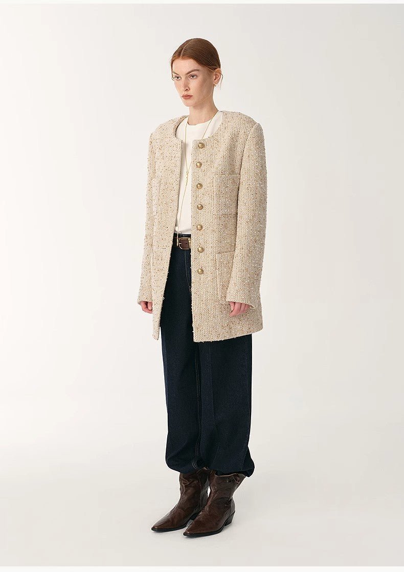 Heavy wool tweed high - end exquisite round neck patch pocket slim Chanel jacket for women - variant_title