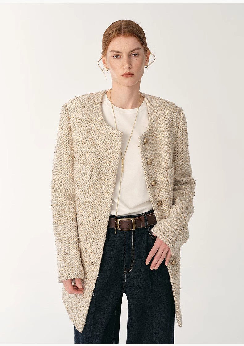 Heavy wool tweed high - end exquisite round neck patch pocket slim Chanel jacket for women - variant_title