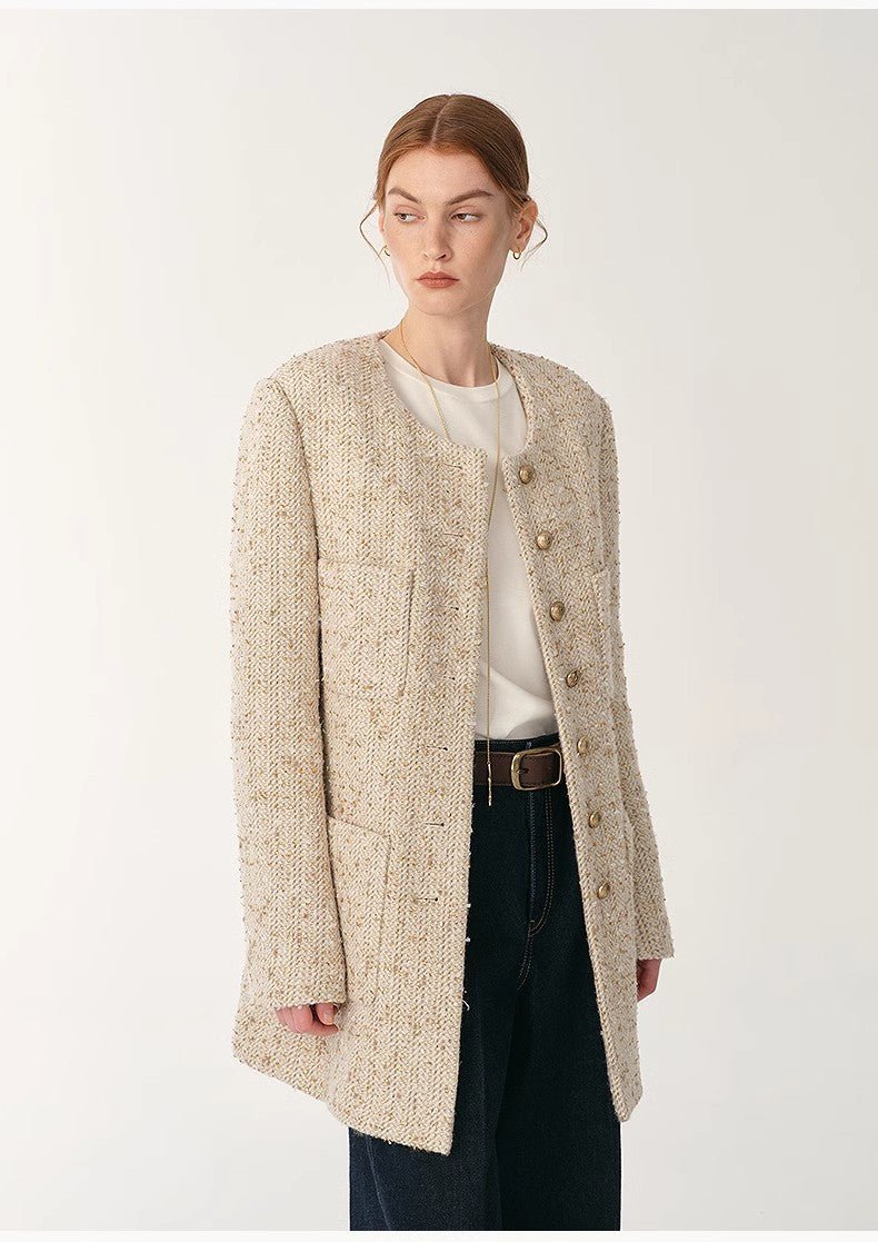 Heavy wool tweed high - end exquisite round neck patch pocket slim Chanel jacket for women - variant_title