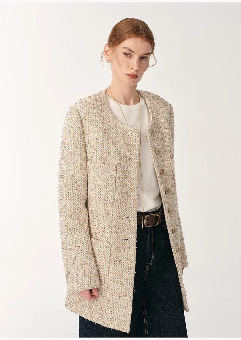 Heavy wool tweed high - end exquisite round neck patch pocket slim Chanel jacket for women - variant_title