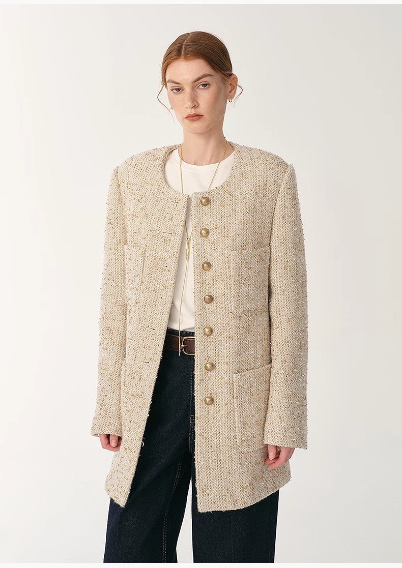 Heavy wool tweed high - end exquisite round neck patch pocket slim Chanel jacket for women - variant_title