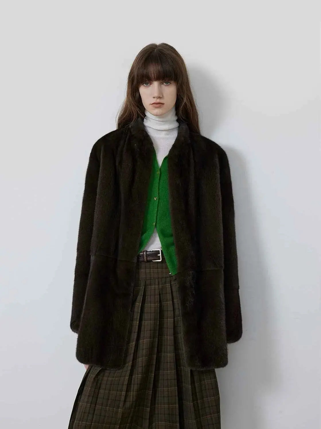 Hera Moonlight Dark Gray Green mink coat on model, front view
