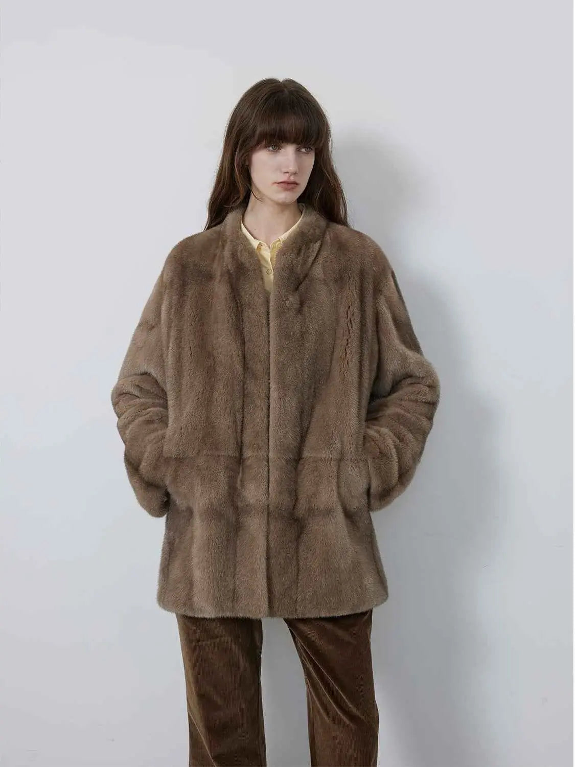 Hera Moonlight Light Brown mink coat on model, front view