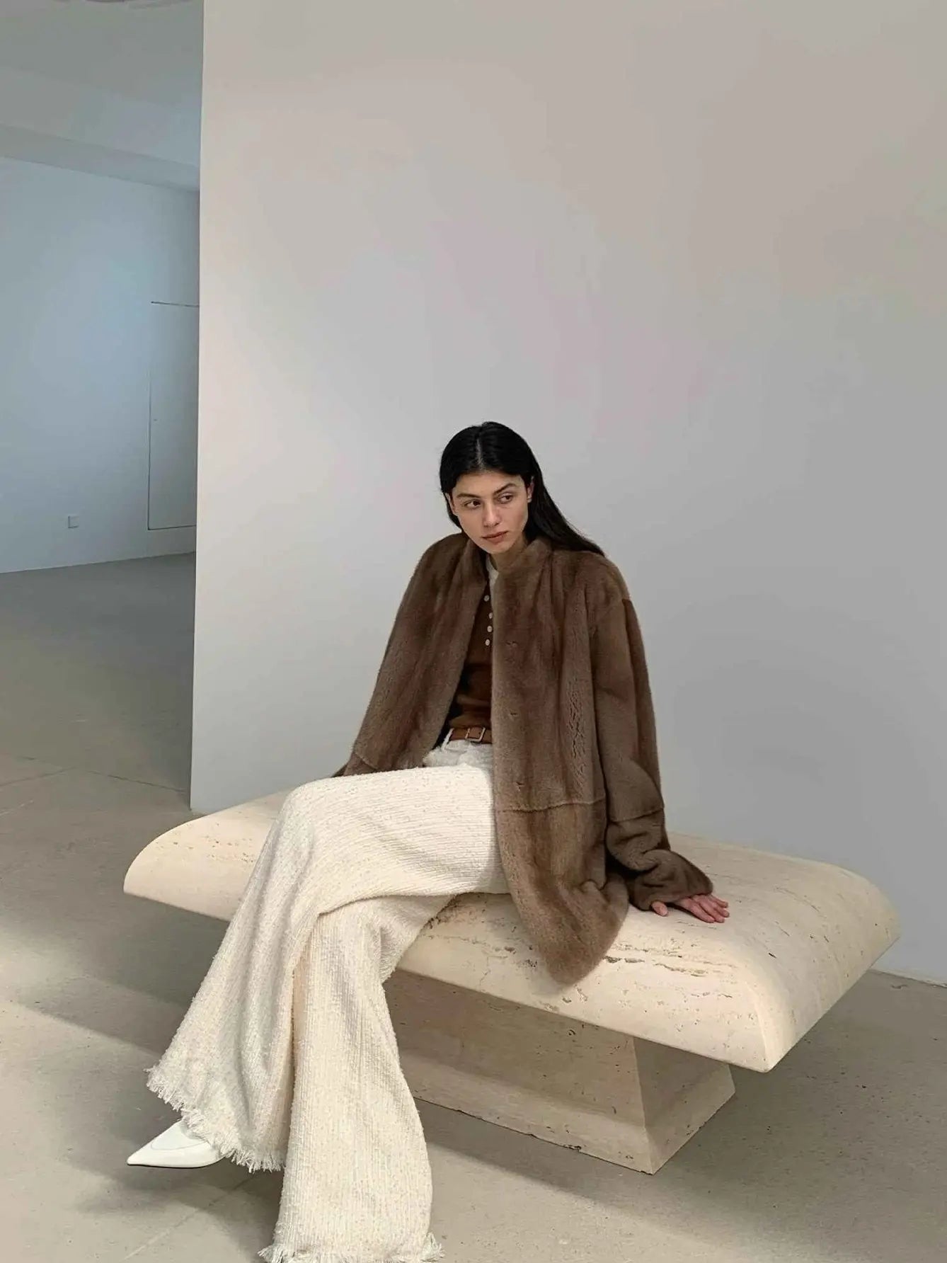 Hera Moonlight Light Brown mink coat seated styling