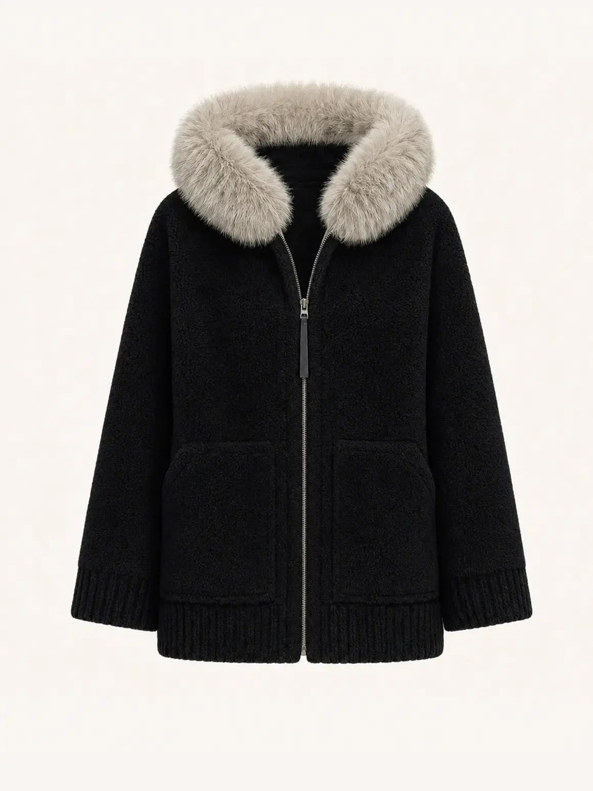 Hokkaido Melody black long hooded Merino shearling coat, front product view