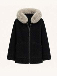 Hokkaido Melody black long hooded Merino shearling coat, front product view