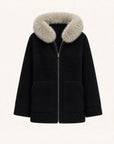 Hokkaido Melody black long hooded Merino shearling coat, front product view