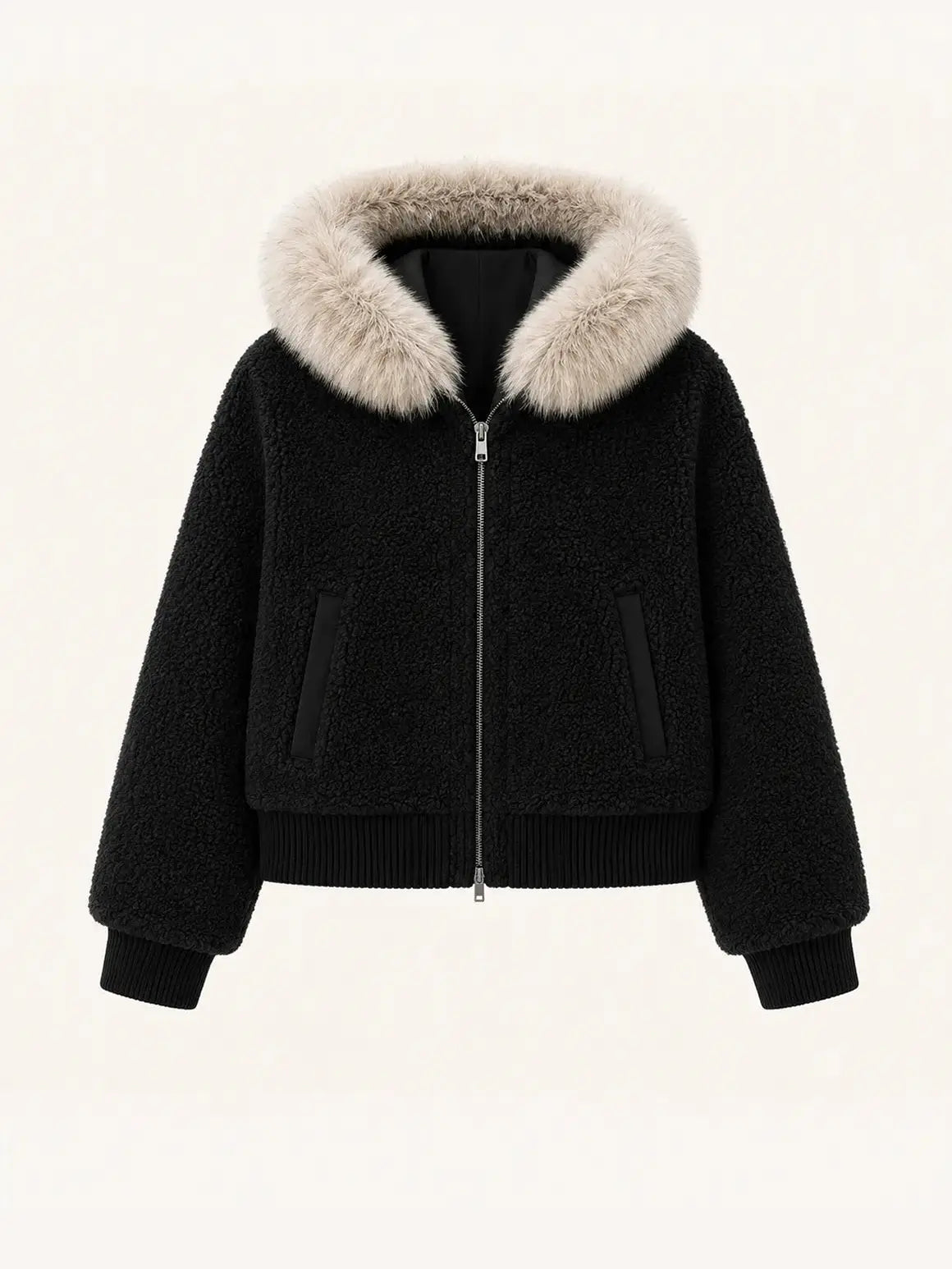Hokkaido Melody black short hooded Merino shearling jacket, front product view