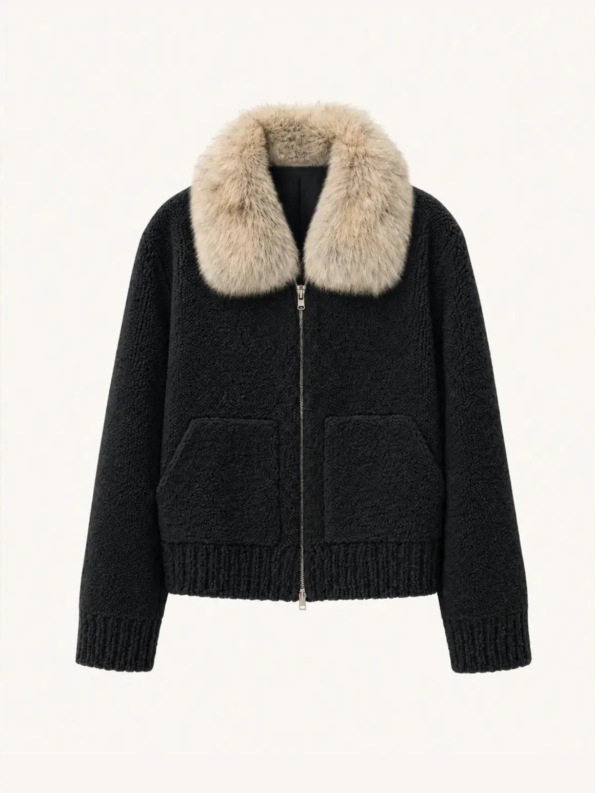 Hokkaido Melody black short collar Merino shearling coat, front product view