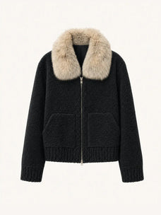 Hokkaido Melody black short collar Merino shearling coat, front product view